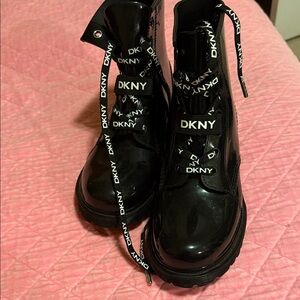 DKNY Glossy Black Lace-Up Boots